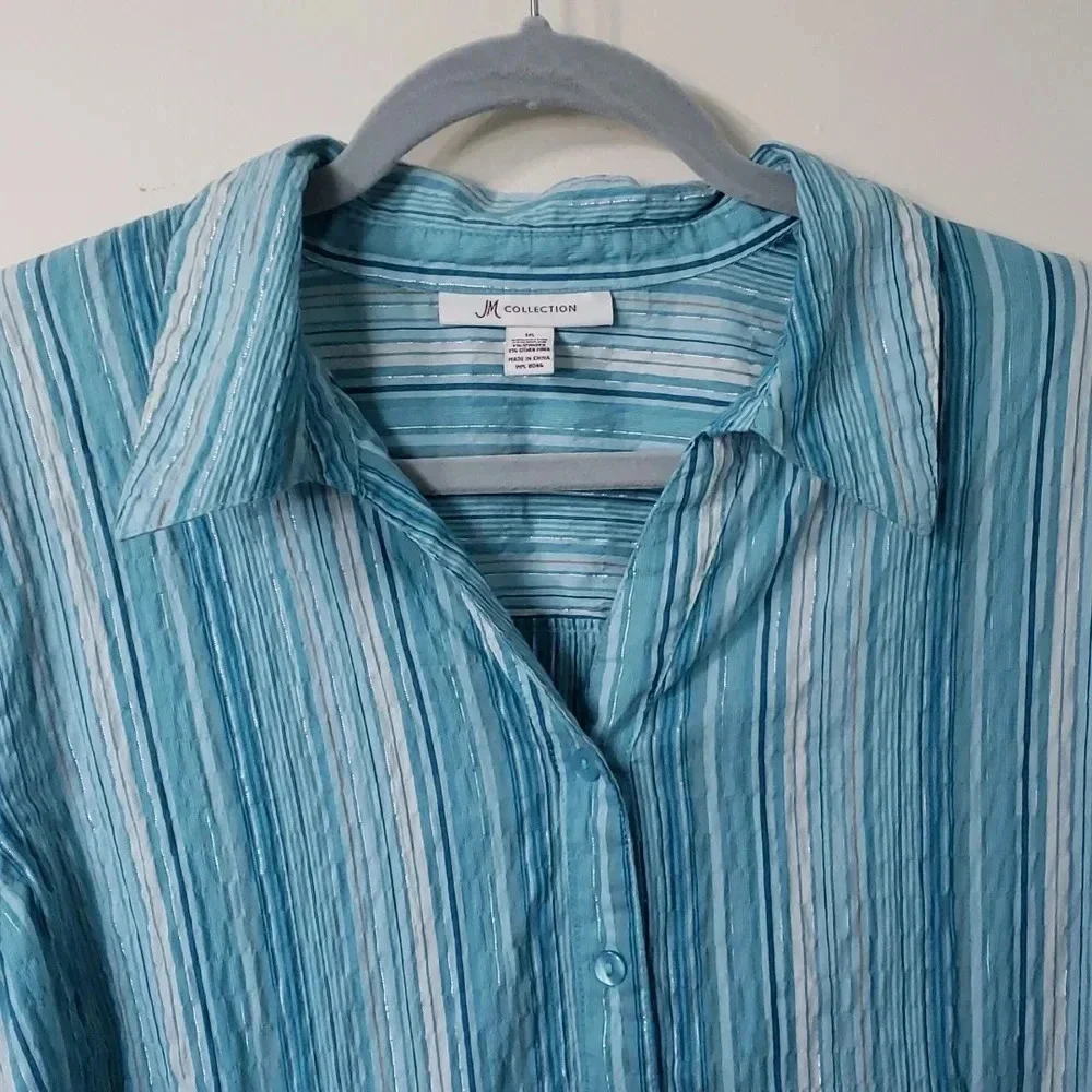 JM Collection Blue Button Down - Picture 3 of 13